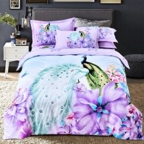 Aqua Purple and Teal Peacock and Flower Pastel Style Full, Queen Size Bedding Sets