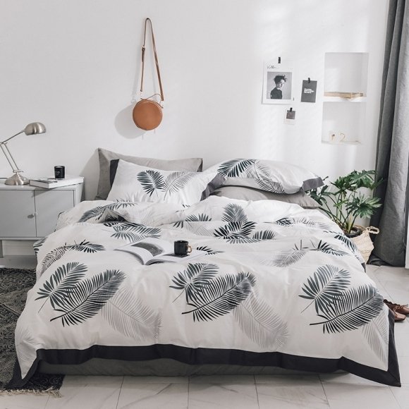 Black and White Fern Leaf Rustic Shabby Chic Full, Queen Size Bedding Sets