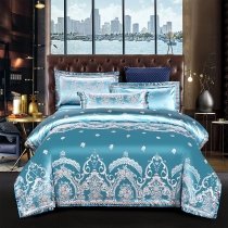 Teal and Silver Medieval Pattern Jacquard Satin Full, Queen Size Bedding Sets