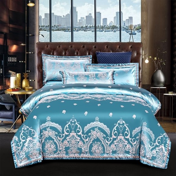 Teal and Silver Medieval Pattern Jacquard Satin Full, Queen Size Bedding Sets